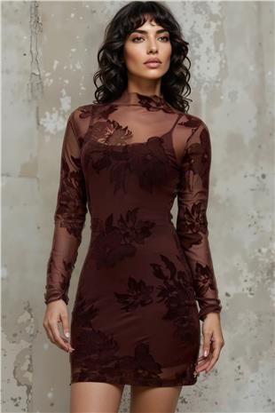 Kadın Kahverengi Dik Yaka İçi Askılı Örme Dışı Tül Mini Elbise Alc-X14951