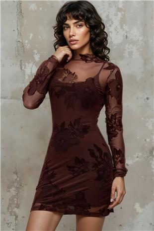 Kadın Kahverengi Dik Yaka İçi Askılı Örme Dışı Tül Mini Elbise Alc-X14951