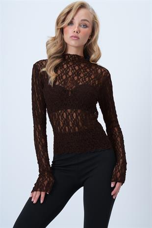 Kadın Kahverengi Dik Yaka Likralı Dantel Bluz ALC-X14522