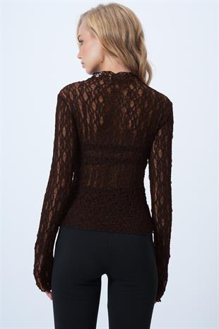 Kadın Kahverengi Dik Yaka Likralı Dantel Bluz ALC-X14522