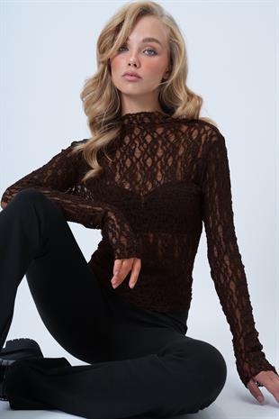 Kadın Kahverengi Dik Yaka Likralı Dantel Bluz ALC-X14522