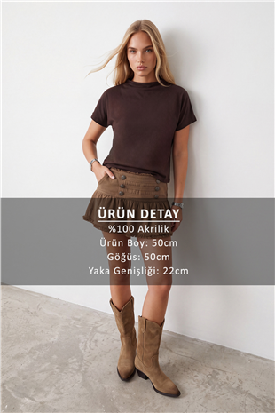 Kadın Kahverengi Dik Yaka Yarım Kol Triko Bluz Alc-X14628