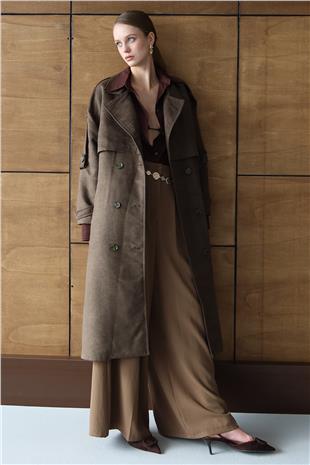 Kadın KAHVERENGİ Düğme Kapamalı Kuşaklı Trençkot VS01431