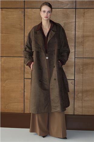 Kadın KAHVERENGİ Düğme Kapamalı Kuşaklı Trençkot VS01431