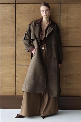 Kadın KAHVERENGİ Düğme Kapamalı Kuşaklı Trençkot VS01431