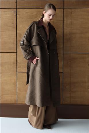 Kadın KAHVERENGİ Düğme Kapamalı Kuşaklı Trençkot VS01431