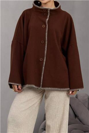 Kadın KAHVERENGİ Düğmeli Geniş Kollu Kontrast Dikişli Yırtmaçlı Kaban VS01673