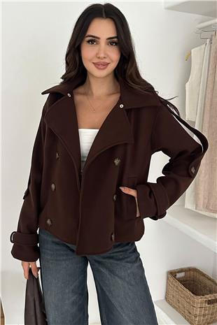 Kadın Kahverengi Düğmeli Kol Detaylı Kürk Yaka Kaşe Astarlı Kaban VS01573
