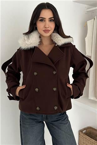 Kadın Kahverengi Düğmeli Kol Detaylı Kürk Yaka Kaşe Astarlı Kaban VS01573