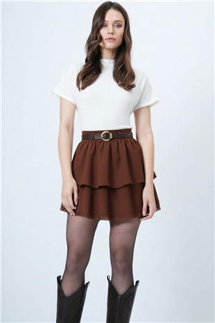 Kadın Kahverengi Fermuarlı Kat Kat Volanlı Dantel Detaylı Mini Etek Alc-X15193