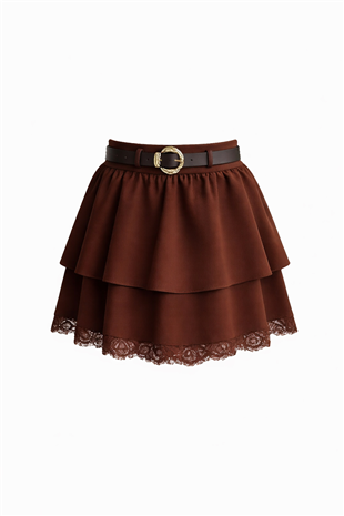 Kadın Kahverengi Fermuarlı Kat Kat Volanlı Dantel Detaylı Mini Etek Alc-X15193