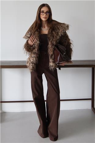 Kadın KAHVERENGİ Geniş Yaka Püsküllü Premium Kürk Ceket VS01472