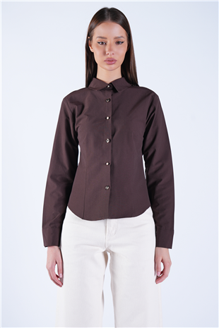 Kadın Kahverengi Gold İnci Düğme Detaylı Pensli Slim Fit Poplin Gömlek Alc-X15114