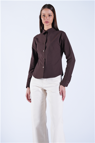 Kadın Kahverengi Gold İnci Düğme Detaylı Pensli Slim Fit Poplin Gömlek Alc-X15114