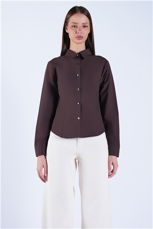 Kadın Kahverengi Gold İnci Düğme Detaylı Pensli Slim Fit Poplin Gömlek Alc-X15114