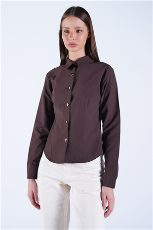 Kadın Kahverengi Gold İnci Düğme Detaylı Pensli Slim Fit Poplin Gömlek Alc-X15114