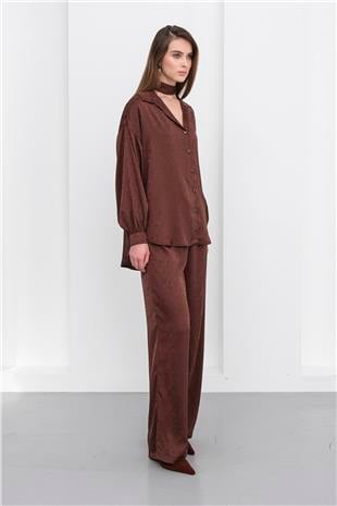 Kadın Kahverengi Jakar Desen Saten Gömlek Ve Pantolon Saten Takım VS01231