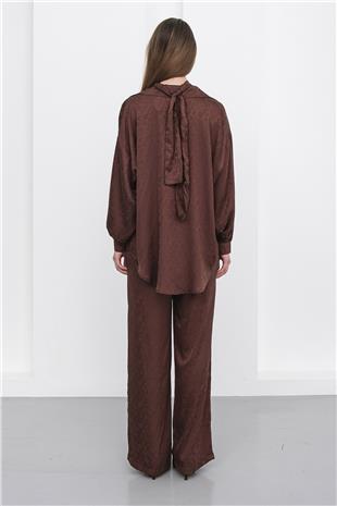 Kadın Kahverengi Jakar Desen Saten Gömlek Ve Pantolon Saten Takım VS01231