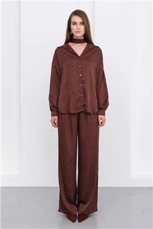 Kadın Kahverengi Jakar Desen Saten Gömlek Ve Pantolon Saten Takım VS01231