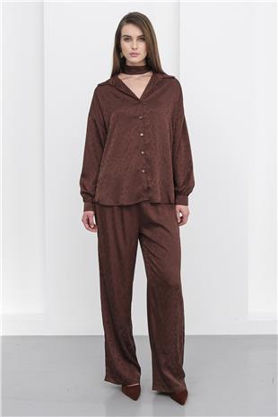 Kadın Kahverengi Jakar Desen Saten Gömlek Ve Pantolon Saten Takım VS01231
