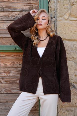 Kadın Kahverengi Kabartma Desen Yumoş Sakallı Triko Ceket ALC-X14488