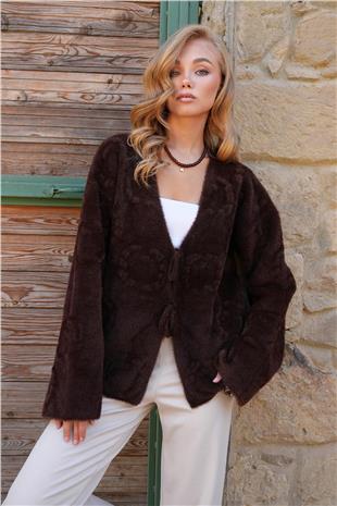 Kadın Kahverengi Kabartma Desen Yumoş Sakallı Triko Ceket ALC-X14488