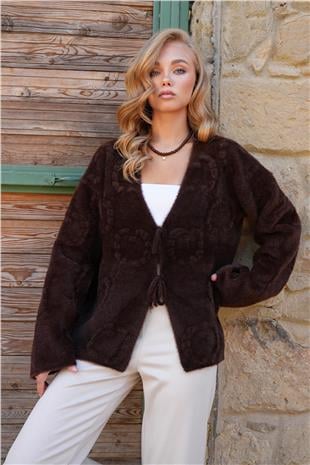 Kadın Kahverengi Kabartma Desen Yumoş Sakallı Triko Ceket ALC-X14488