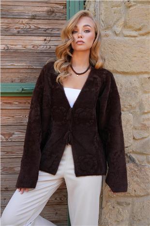 Kadın Kahverengi Kabartma Desen Yumoş Sakallı Triko Ceket ALC-X14488
