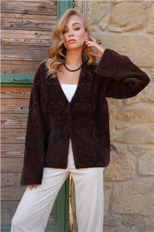 Kadın Kahverengi Kabartma Desen Yumoş Sakallı Triko Ceket ALC-X14488