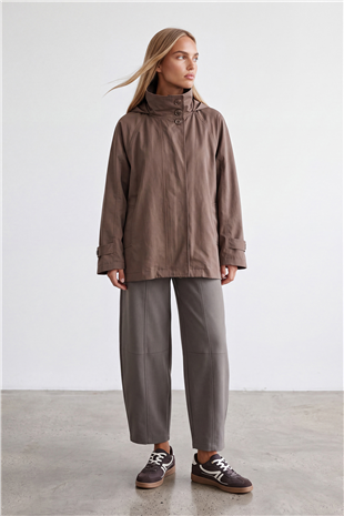 Kadın Kahverengi Kapişonlu Gizli Patlı Oversize Trençkot Alc-X15637