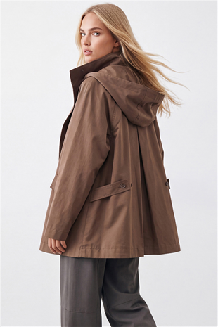 Kadın Kahverengi Kapişonlu Gizli Patlı Oversize Trençkot Alc-X15637