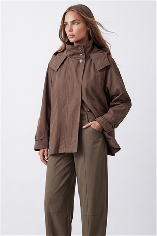 Kadın Kahverengi Kapişonlu Gizli Patlı Oversize Trençkot Alc-X15637