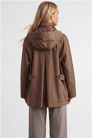 Kadın Kahverengi Kapişonlu Gizli Patlı Oversize Trençkot Alc-X15637
