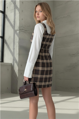 Kadın Kahverengi Kare Yaka Ekose Desenli Dokuma Mini Jile Elbise Alc-X15311