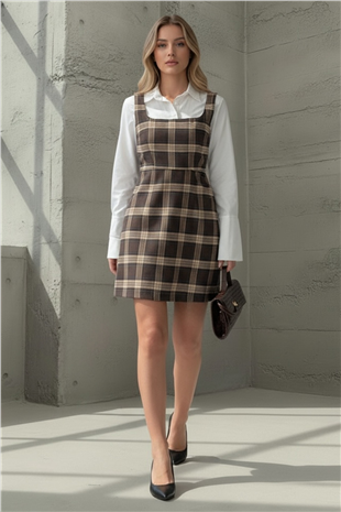 Kadın Kahverengi Kare Yaka Ekose Desenli Dokuma Mini Jile Elbise Alc-X15311