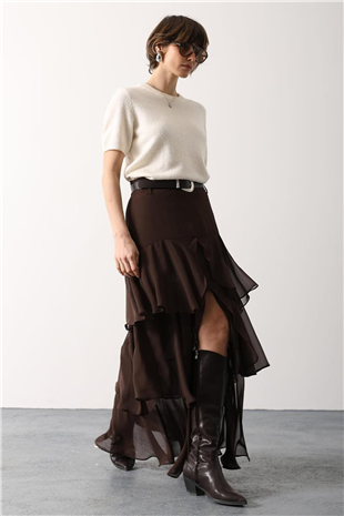 Kadın Kahverengi Kat Kat Volanlı İçi Yarım Astarlı Yırtmaçlı Şifon Etek Alc-X15207