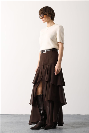 Kadın Kahverengi Kat Kat Volanlı İçi Yarım Astarlı Yırtmaçlı Şifon Etek Alc-X15207