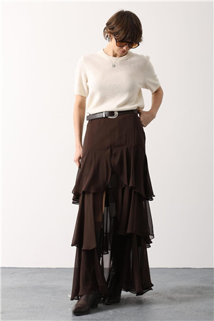 Kadın Kahverengi Kat Kat Volanlı İçi Yarım Astarlı Yırtmaçlı Şifon Etek Alc-X15207