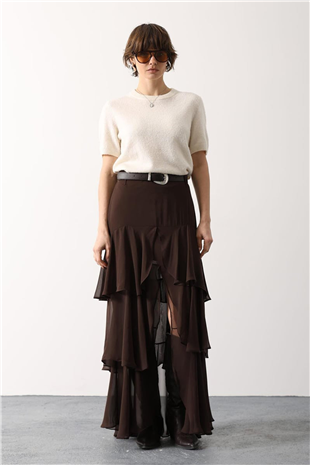 Kadın Kahverengi Kat Kat Volanlı İçi Yarım Astarlı Yırtmaçlı Şifon Etek Alc-X15207