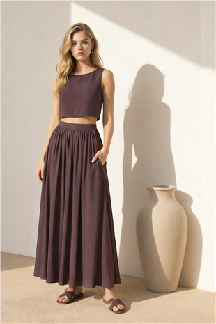 Kadın Kahverengi Kayık Yaka Kolsuz Keten Crop Bluz Ve Maxi Boy Etek Takım Alc-X15420
