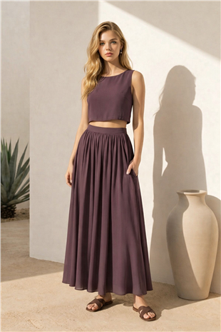 Kadın Kahverengi Kayık Yaka Kolsuz Keten Crop Bluz Ve Maxi Boy Etek Takım Alc-X15420