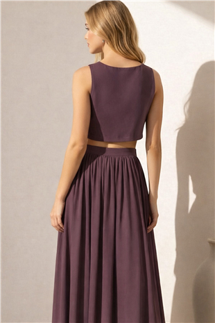 Kadın Kahverengi Kayık Yaka Kolsuz Keten Crop Bluz Ve Maxi Boy Etek Takım Alc-X15420