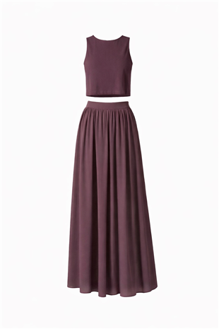 Kadın Kahverengi Kayık Yaka Kolsuz Keten Crop Bluz Ve Maxi Boy Etek Takım Alc-X15420