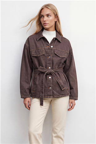 Kadın Kahverengi Kuşak Detaylı Çıtçıt Kapamalı Denim Ceket Alc-X15652