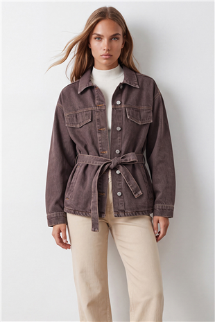 Kadın Kahverengi Kuşak Detaylı Çıtçıt Kapamalı Denim Ceket Alc-X15652