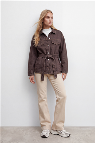 Kadın Kahverengi Kuşak Detaylı Çıtçıt Kapamalı Denim Ceket Alc-X15652