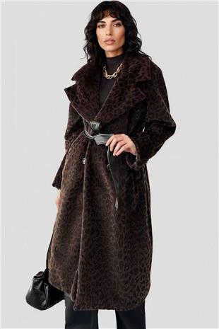 Kadın Kahverengi Leopar Desenli Kürük Kaban Alc-X15033