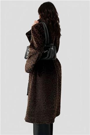 Kadın Kahverengi Leopar Desenli Kürük Kaban Alc-X15033