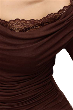 Kadın Kahverengi Madonna Yaka Dantel Detaylı Dokulu Bluz Alc-X15139