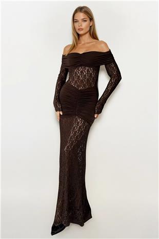 Kadın Kahverengi Madonna Yaka Danteli Maxi Boy Elbise Vs01695